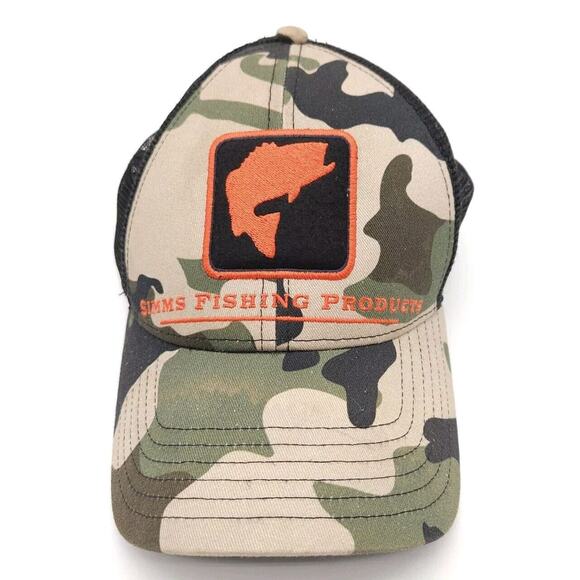 Simms Fishing Products Mesh Snapback Trucker Hat‎ Camo Ball Cap Fish Logo Adult - Picture 2 of 8